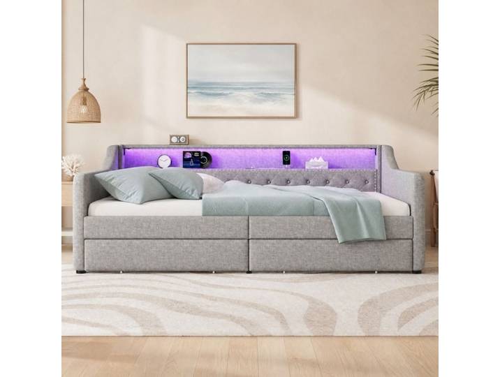 Lit banquette - ZEVKOR - Lit Banquette Simple 90×200 cm - 2 tiroirs - LED & port USB - Sommier 12 lattes