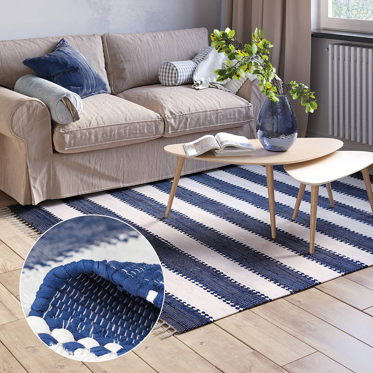 home24 Laagpolig vloerkleed Maher blauw katoen B: 230 cm, D: 160 cm