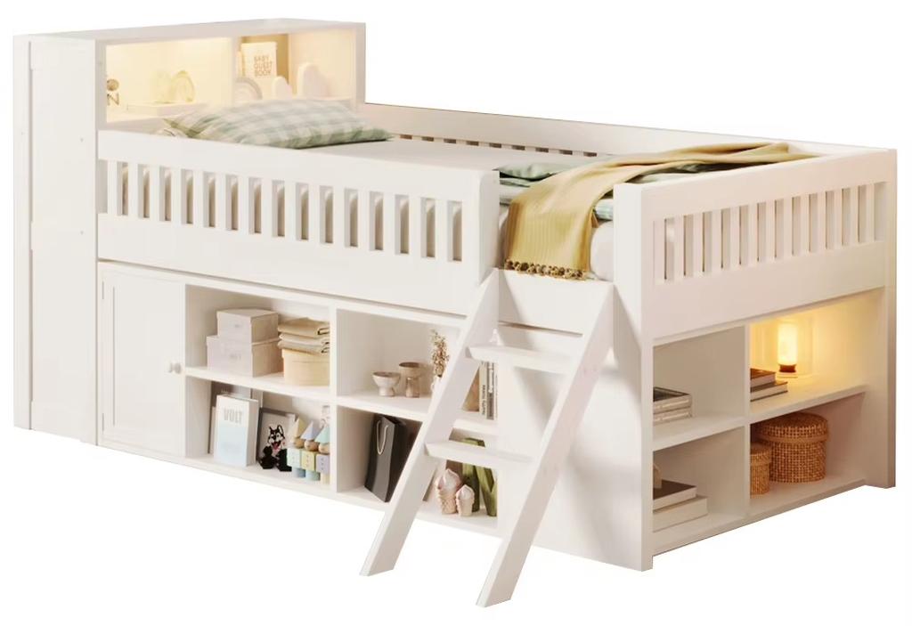 Kinderbett - Holzbett - 120 × 200 cm - Weiß - Stauraum mit offenen Regalen - Schrankfach mit Tür - Sicherheitsgitter - Leiter