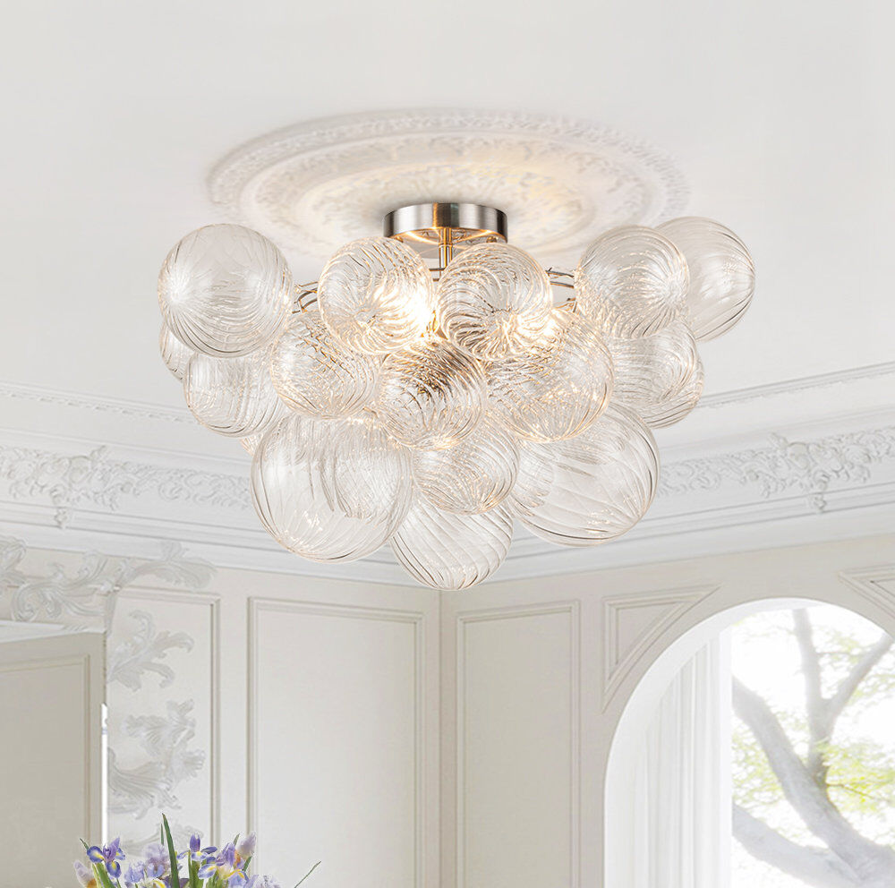 Canora Grey Aniek 3-Light Clear Ribbed Glass Bubble Semi Flush Mount Ceiling Light Fixture Nickel 36cm H X 53cm W X 53cm D