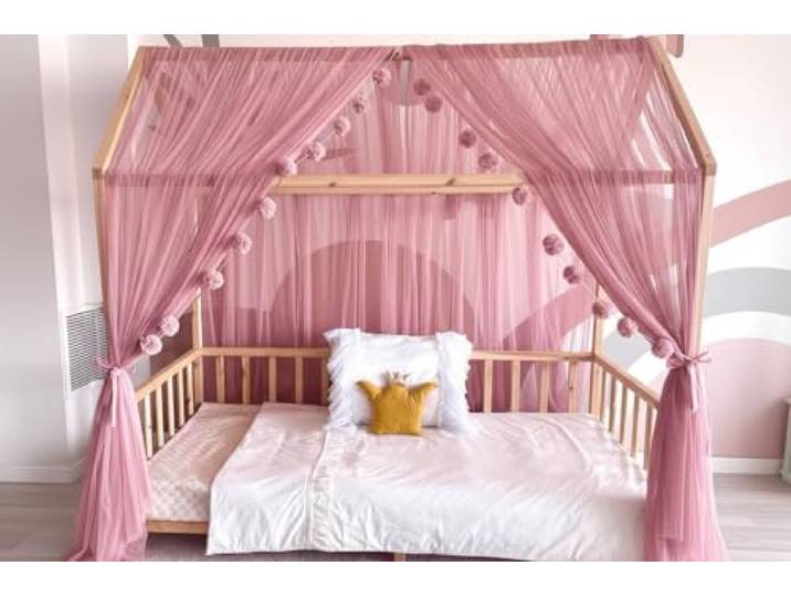Baby Fancyroom Hausbett Himmel Betthimmel Altrosa für Kinderbett Kinderzimmer Baldachin Bettvorhang Betthimmel für Mädchen Prinzessin Zimmer (380cm, mit Pompomgirlande)
