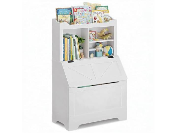 Hapterouse Kinderbücherregal Mit Spielzeugtruhe, Klappe, Weiß, 79x40x121 cm MDF und Spanplatte, 2 offene Fächer, Schutzkante oben, großer Stauraum für Bücher und Spielzeug, ideal fürs Kinderzimmer