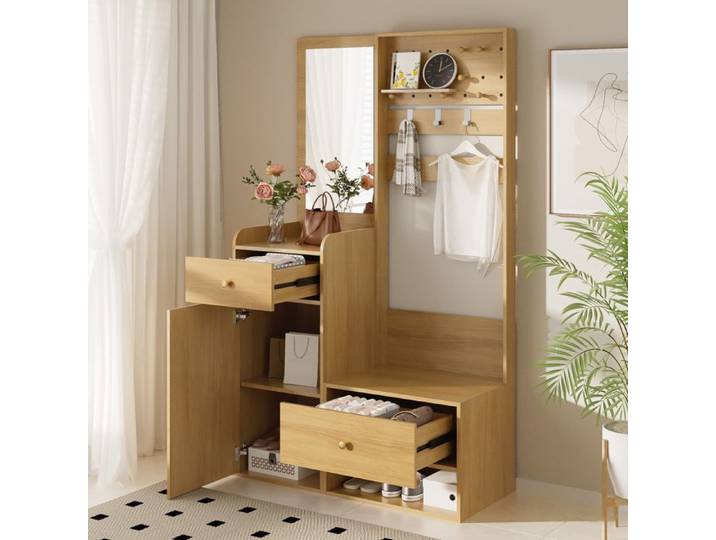 JOINERY Vestiaire d'entrée avec miroir et banc à chaussures 1 porte 2 tiroir 105 x 38 x 180cm Meuble d'entrée