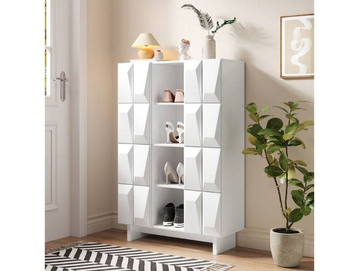 COVREO Meuble à chaussures vitrine colonne haute 4 portes 12 compartiments blanc