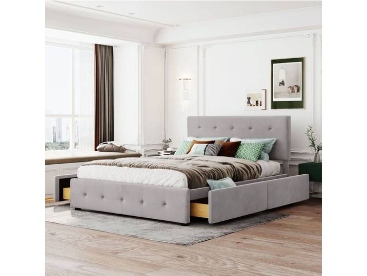 lit rembourre 140 x 200 cm SENVIRO avec tiroirs style classique gris