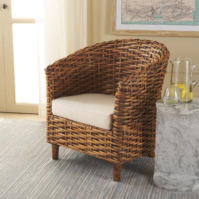 "SAFAVIEH Omni Barrel Rattan Accent Chair, White and Honey Dark Brown - 29"" W x 27"" D x 33"" H"