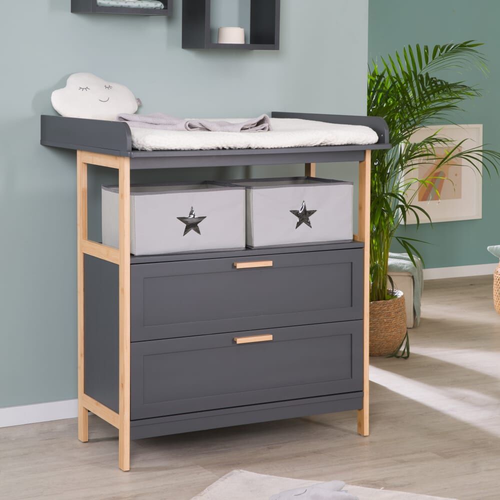 roba Commode à langer avec 2 tiroirs anthracite-bambou Gris 75x100x87cm