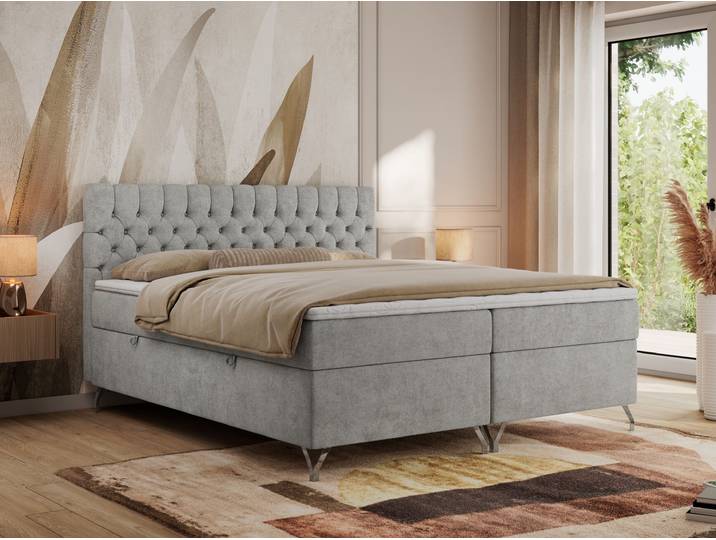 MKS MEBLE Boxspringbett 120x200, Bett 120x200 mit Matratze H3, Boxspringbett 120x200 mit Bettkasten und Topper, Polsterbett 120x200 Füße - GRIMALDI - 120x200 - Hellgrau Struktur - H3