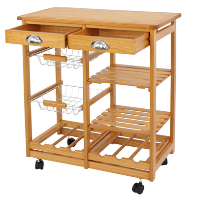 Rolling Wood Kitchen Island Trolley Cart With Dining Storage Drawers, Durable Pine Wood Stand With Wine Rack & Hooks Rolling Wood Kitchen Island Trolley Cart With Dining Storage Drawers, Durable Pine Wood Stand With Wine Rack & Hooks