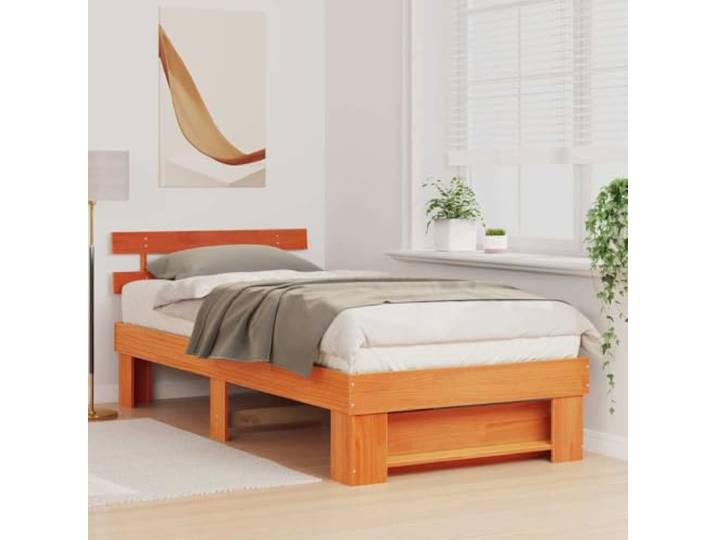 KTHLBRH Bettgestell Kiefer massiv 90 x 200 braun gewachst Mit Kopfteil, Lattenrost, einfache Montage, modernes Design