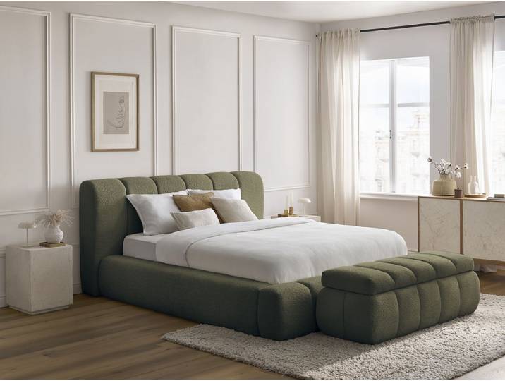 Lit coffre DENALI tissu bouclette + Bout de lit DENALI 160x200 + bout de lit 140