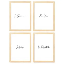 POSTER Set mit 4 Lachen TypografieStil A3 Rahmen aus hellem Holz