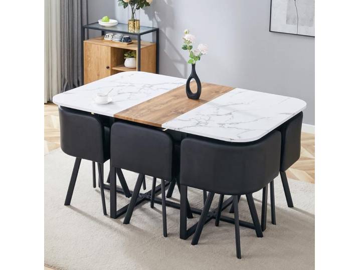 MEUBLIV Ensemble table à manger extensible avec 6 chaises 150x100x79 cm blanc et bois naturel