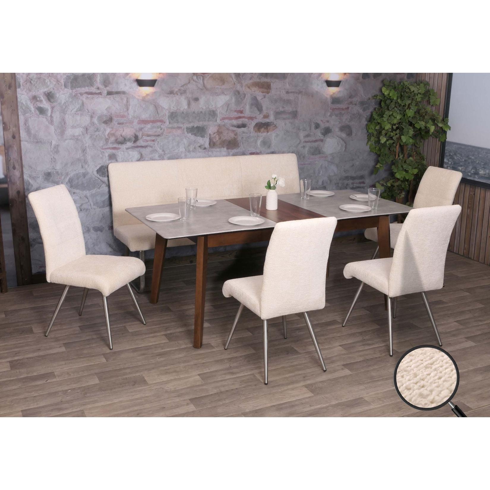 Esszimmer-Set MCW-G55, 4er-Set Stuhl + Sitzbank 180cm, Edelstahl gebürstet Stoff/Textil Chenille ~ creme