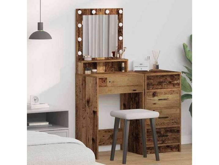 Coiffeuse - - Bois Ancien - LED - Miroir Intégré - Rangement