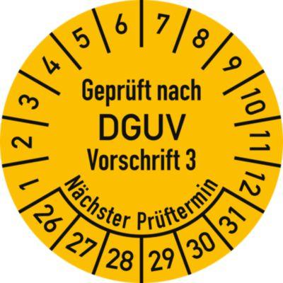 moedel Prüfplakette DGUV V3 2026–2031, Folie, gelb, Ø 30 mm – 10 Stück/Bogen, wasserfest