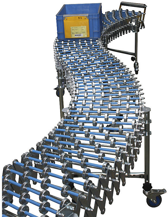 Scheren-Röllchenbahn, Bahn-L 1300 - 4500 mm, Bahn-B 600 mm, Stahl, 3 Stützfüße Blume