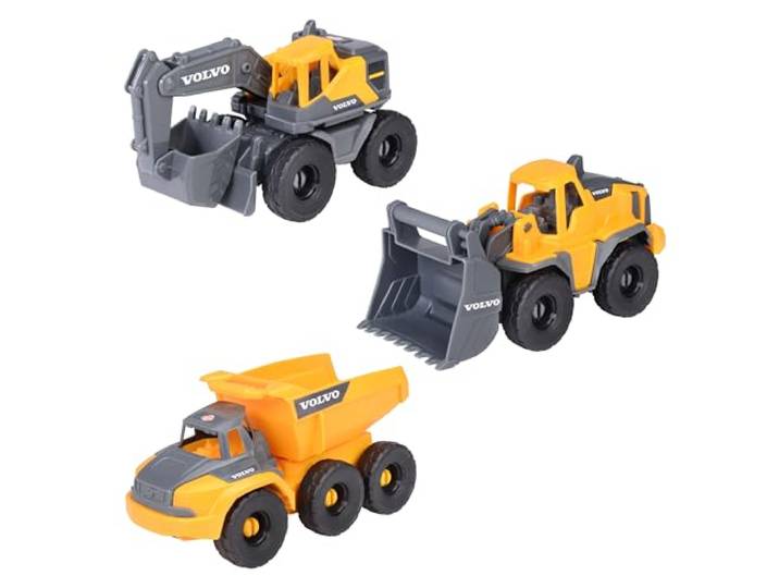 Dickie Toys Volvo Construction Set (je 16 cm) - 3 Baustellenfahrzeuge für Kinder mit Bagger Spielzeug, Radlader & Kipplaster, mit Freilauf ab 3 Jahren - 203722015