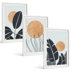 BILDER SET 3er Set - 40x60 cm Weißer Rahmen - Pflanzenmuster große Sonnen minimalistisch