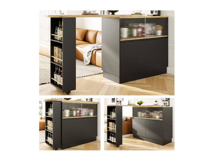 Celya Bartisch 360° drehbarer, multifunktionales drehbares Sideboard mit Ablagefach (1 Stehtisch), Hauptkörper 90x45x100cm,Glasschiebetür, geeignet für Küche/Esszimmer