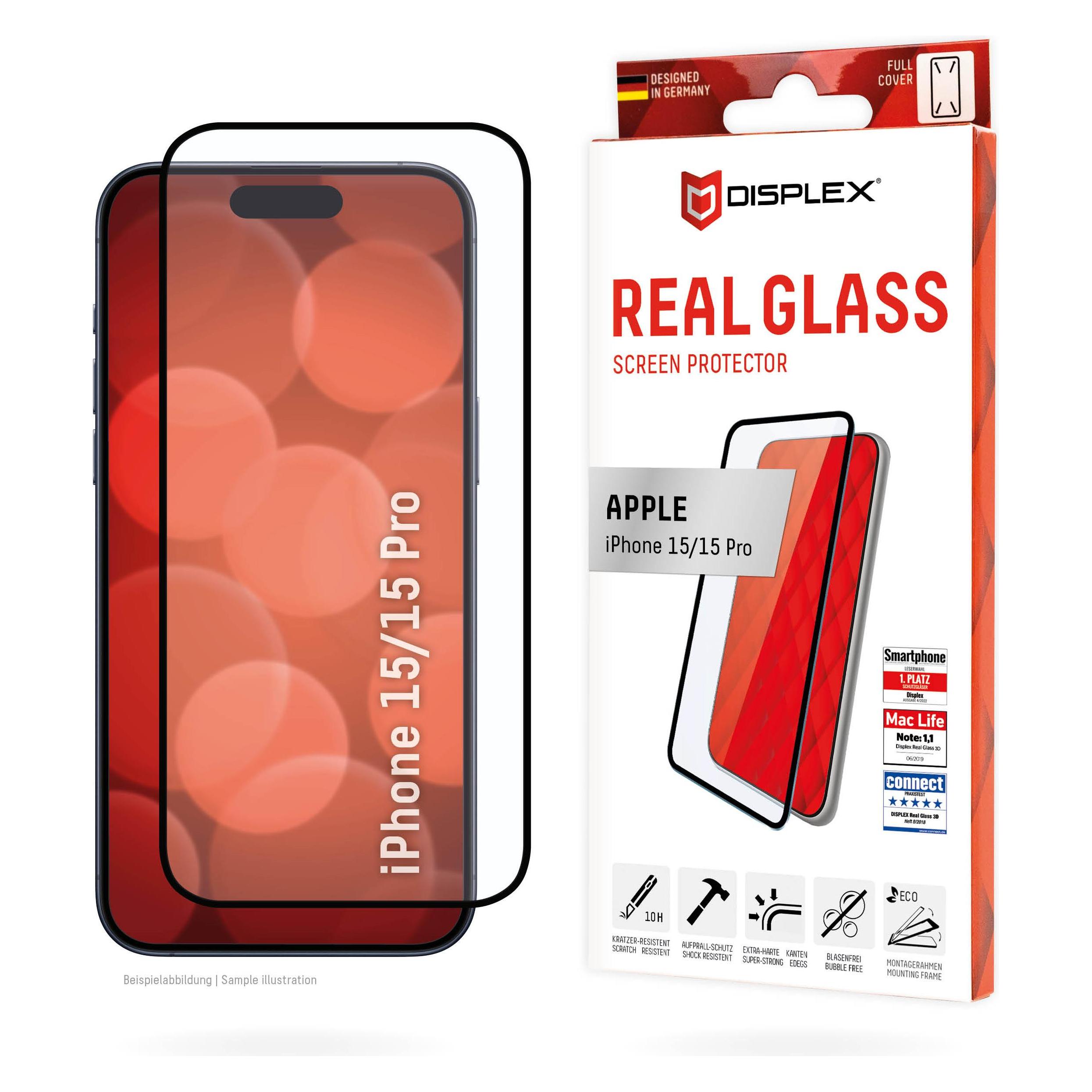 Displex Real Glass, Full Cover Panzerglas (1 Stk., Apple iPhone 15 Pro) (01842)