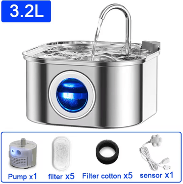 Inspire Picks 3.2L Stainless Steel Cat Water Fountain Automatic Pet Drinking Dispenser set B