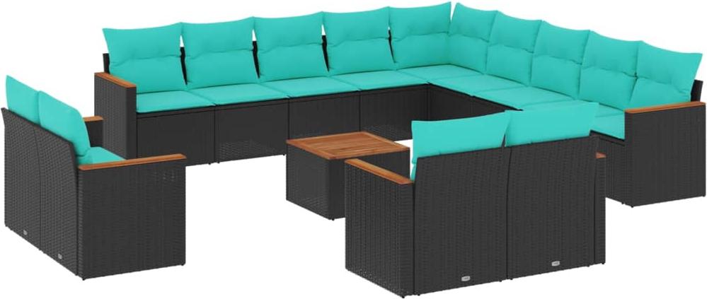 14-teiliges Gartensofa-Set mit Kissen, schwarzes Polyrattan