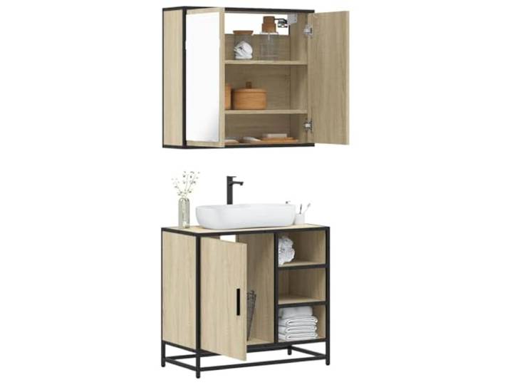 HWKQEQRF 2-TLG. Badmöbel-Set Sonoma-Eiche Holzwerkstoff Waschbeckenunterschrank,Spiegelschrank,Wandmontage,Metallgestell,Lowboard,Stauraum,Sonoma-Eiche