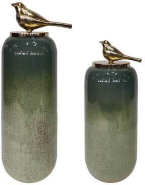 Sagebrook Home Finch Round Green Glass Bottles with Bird Metal Top (Set of 2)