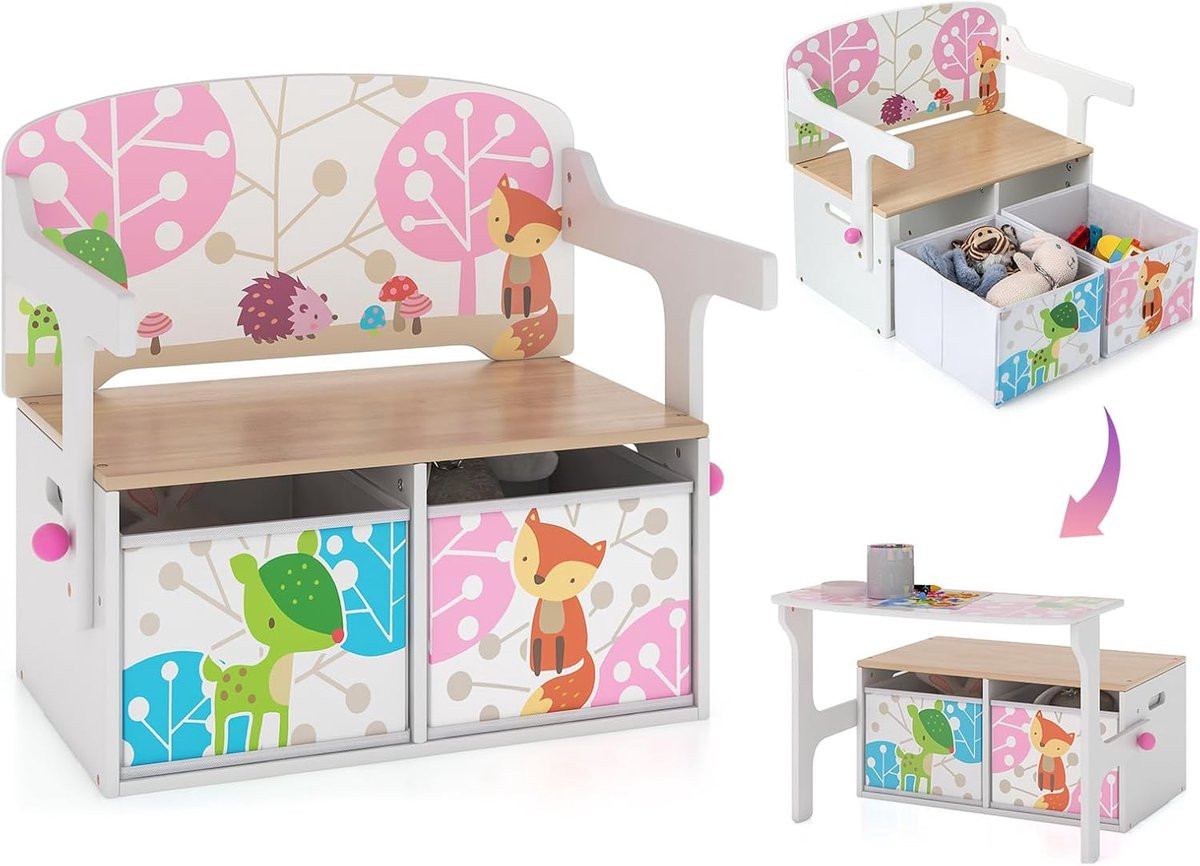 Kinderbank 3-in-1 kindertafel en zitbank met 2 opbergmanden wit