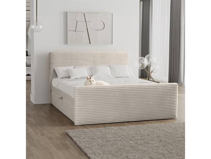 Kaiser Möbel - Bett 140x200 cm, Boxspringbett mit Bettkasten und Topper, Polsterbett für Schlafzimmer, Doppelbett mit Stauraum und Gepolstertes Kopfteil, Toppermatratze aus Viscoschaum - TRENTO - Ecru