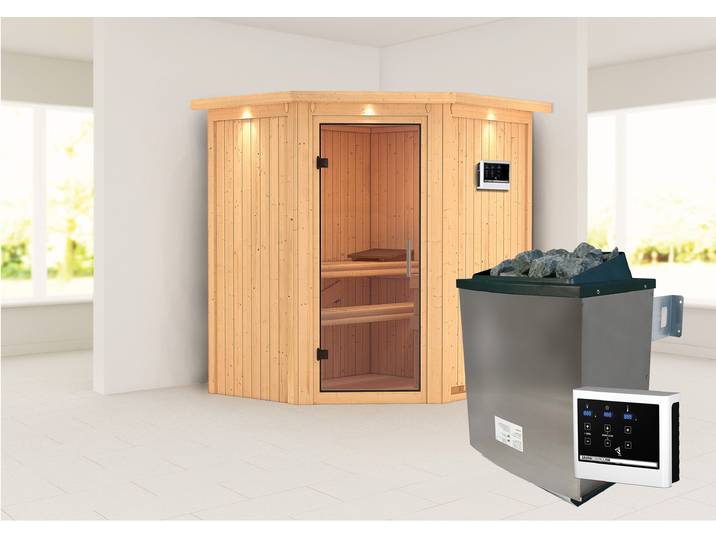 Sauna KARIBU »Liyah« mit Klarglastür und Dachkranz , beige (naturbelassen), Saunaofen, externe Steuerung, (ohne Ofen), Saunen, Sauna, in verschiedenen Ausführungen erhältlich