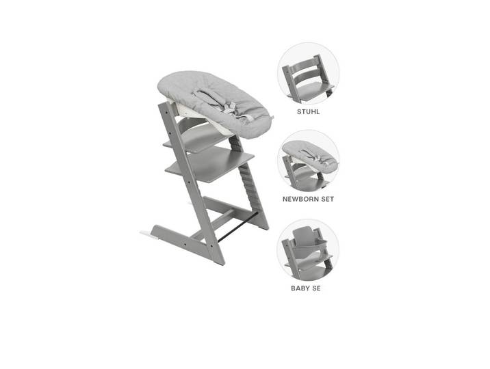 Stokke Hochstuhl-Set, Hellgrau, Holz, Buche, 87x65x46 cm, Fussstütze verstellbar, Sitzfläche verstellbar, höhenverstellbar, Bezug abnehmbar, Bezug waschbar, Baby- und Kindermöbel, Babyzimmer, Hochstuhl