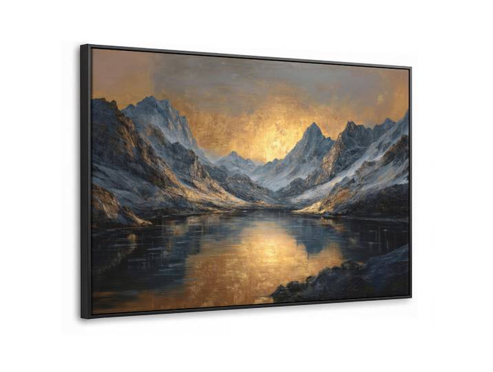 MuchoWow Leinwand Bilder mit Rahmen - Bergkulisse mit goldenem Sonnenuntergang - 150x100, Goldfarben, Rechteckig, 150x100 cm, gerahmt, Bilder & Rahmen, Bilder, Leinwandbilder