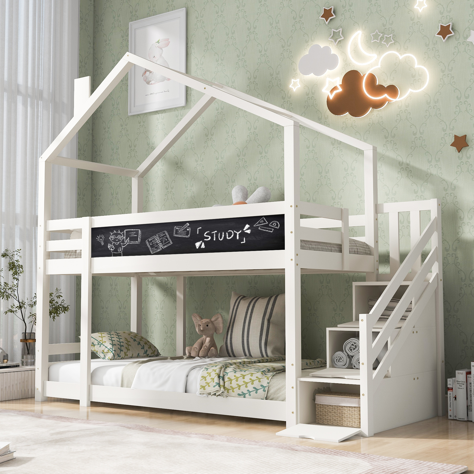 Merax Etagenbett 90x200cm Kinderbett mit Rausfallschutz, Schornstein und Tafel, Hochbett mit Lattenrost und Treppe, Weiß