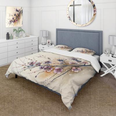 DESIGN ART "Designart ""Pink And Plum Cherry Blossom Branch I"" Beige Traditional - Bedding Set With Shams"