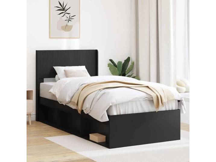 RJPLMFV Bettgestell mit Stauraum, Schwarz, 90 x 200 cm Holzwerkstoff, Kopfteil, Lattenrost, ohne Lattenrost, pflegeleicht