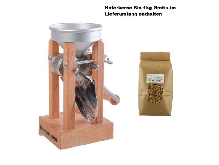 Eschenfelder Getreidemühle Kornquetsche Tischmodell Holztrichter und Alutrichter Sparsets manuell, (4 Stück), Kurbel 20-25cm, Tisch-Schraubzwinge, Reinigungsbürste, kostenfrei