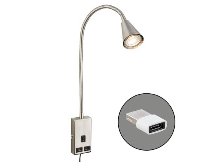 BRILONER - Leeslamp met USB-poort, aan-/uitschakelaar, draaibaar, stekker, wandlamp voor binnen, wandlamp, bedlamp, leeslamp, bedlamp, 50 cm hoog, mat nikkel