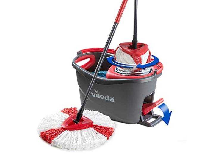 Vileda Easy Wring & Clean Turbo mop met pedaalemmer, Telescopische steel 85-130cm, Franjemop met centrifugepers, Microvezelfranjes 2in1, Grijs, Duurzaam schoonmaaksysteem, Vileda love it clean