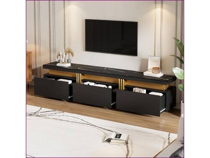 Meuble TV & Divertissement - Lowboard 200cm Marmor-Optik Noir - 3 Schubladen Kabelmanagement - TV jusqu'à 90