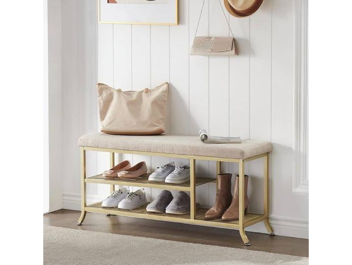 Banc d'entrée - PROMIRACAL - Meuble à chaussures - 3 niveaux - Siège rembourré - Métal doré