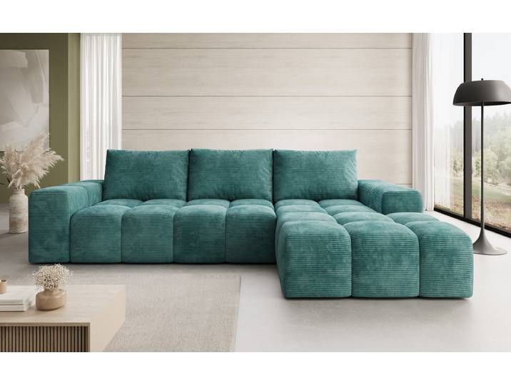 Designer Ecksofa Aila mit Schlaf- und Klappfunktion in Cord - Cord - Petrol - Rechts - Luxusbetten24