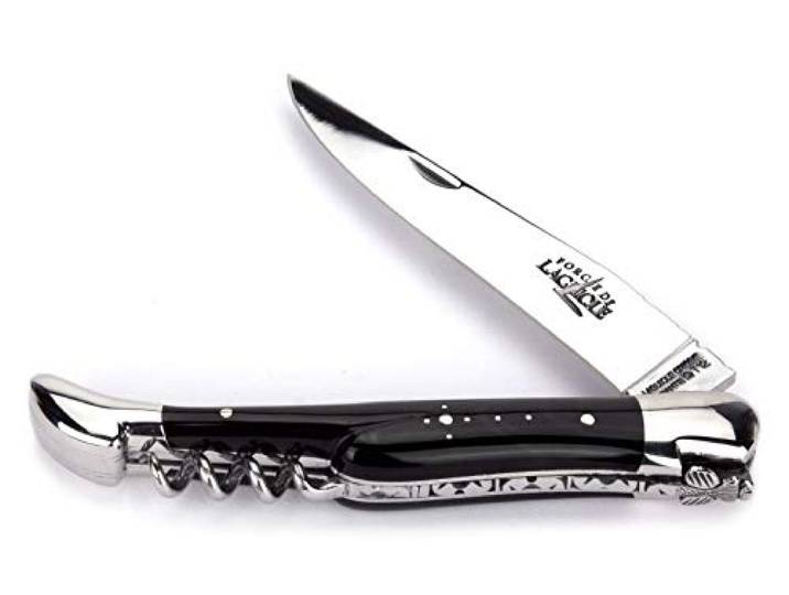 Forge De Laguiole Collection - 12 cm Taschenmesser - Griffschalen schwarze Hornspitze - Korkenzieher - Klinge 10 cm glänzend