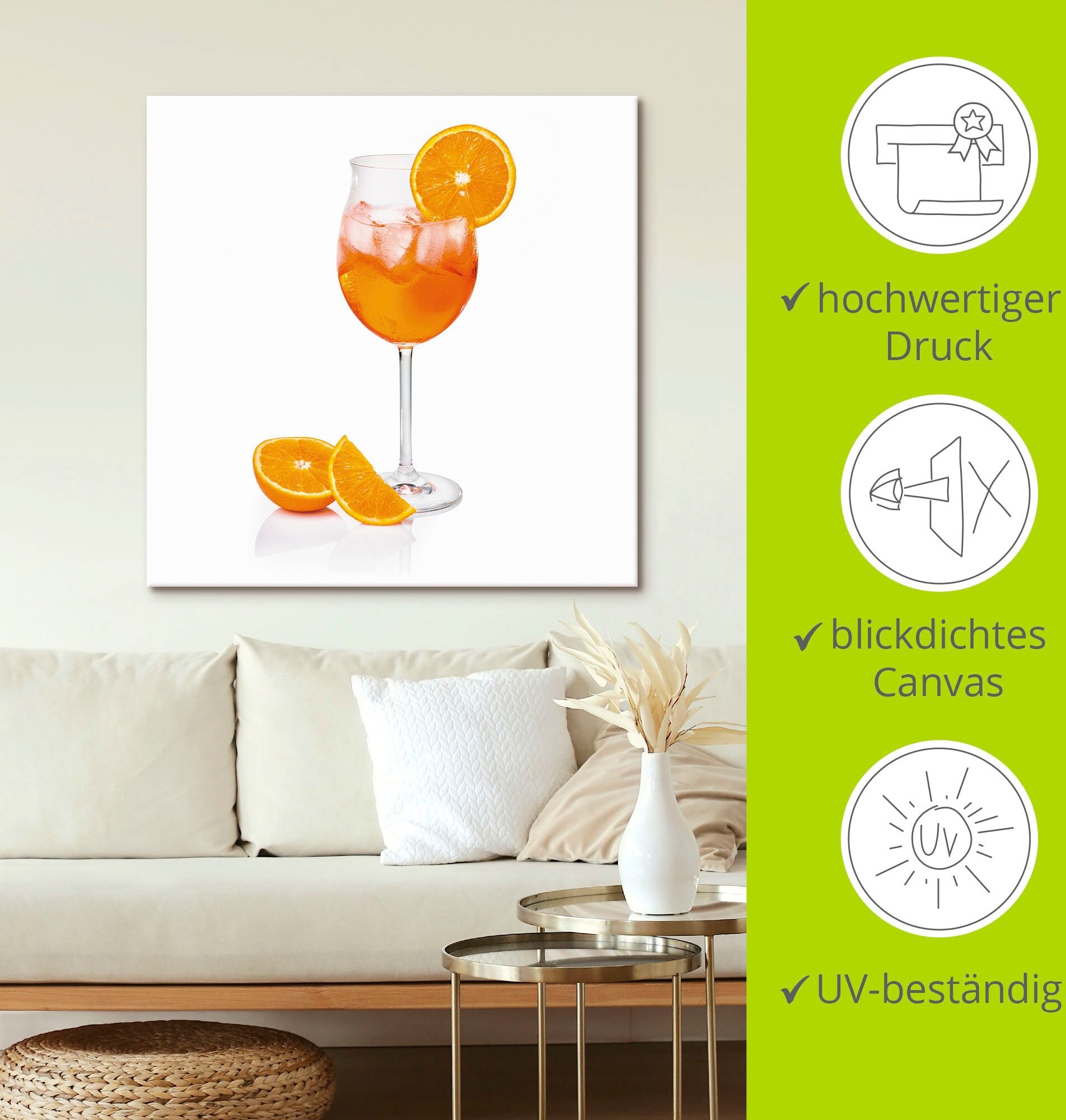 Wandbild ARTLAND "Aperol Spritz mit einer Scheibe Orange", orange (farbe bild(er): orange), B:30cm H:30cm, Bilder, Wandbild, als Leinwandbild, Poster in verschied. Grössen farbe bild(er): orange B/H/T: 30cm x 30cm, Leinwandbild Getränke quadratisch, 1 Stk
