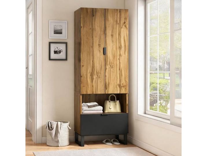 Armoire-portant natural en panneau de particules avec penderie tiroir et étagères ajustables entrée ou chambre