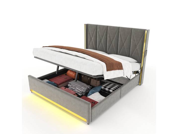 Lvhom Polsterbett Doppelbett 180x200cm mit Stauraum, LED und Usb-C, Hydraulisches Funktionsbett, Dunkelgrau, Holz, Metall, 180x200 cm, Schlafzimmer, Betten, Polsterbetten
