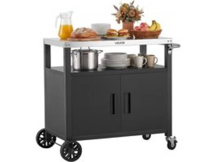 VEVOR Desserte Plancha Extérieure 92,4 cm, Chariot de Barbecue avec Plateau en Inox et Placard, pour BBQ Jardin Terrasse, Plan de Travail Mobile pour Cuisine d'Été, Table de Barbecue avec Roulettes