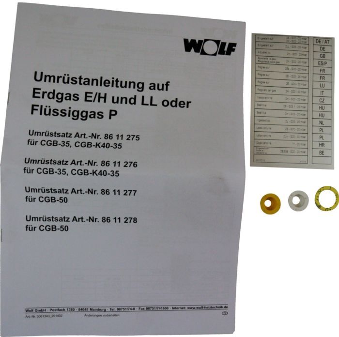Wolf Umrüstsatz Flüssiggas - Erdgas E/LL 8611275 und Erdgas E - LL, für CGB-(K)-35