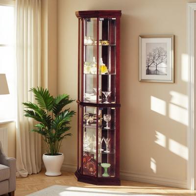 ZWYO HOSIMU 71in Wood+Glass Corner Curio Cabinet with 4 Glass Doors & 5 Shelves, Display Case with Mirror Back & 6 Tiers for Collectibles